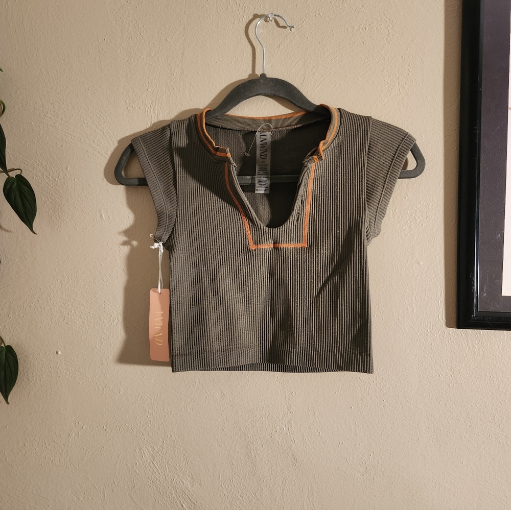 ANWND Olive Ribbed Tee with Orange Accents